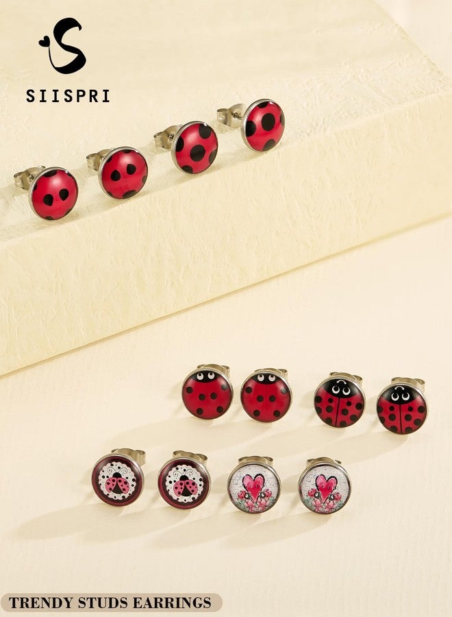 SIISPRI 6Pairs Ladybug Women Earrings Set Cute Bug Little Ladybird Earrings Round Circle Button Stud Post Earrings 10MM (Silver) - Image 4